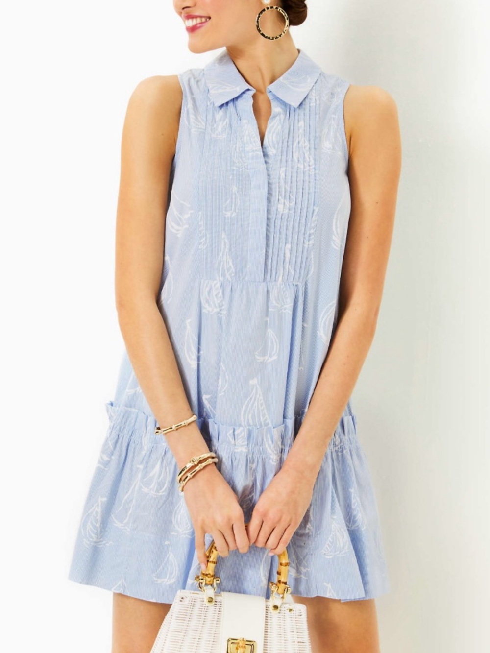Lilly Pulitzer Caylinn Sleeveless Popover Shirt Dress S Blue Pinstripe Sailboat